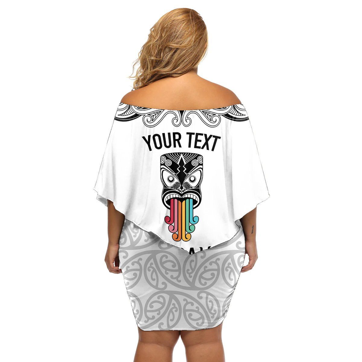 Personalised Kia Kaha Te Reo Maori Off Shoulder Short Dress Hei Tiki Mix Koru - White LT7 - Polynesian Pride