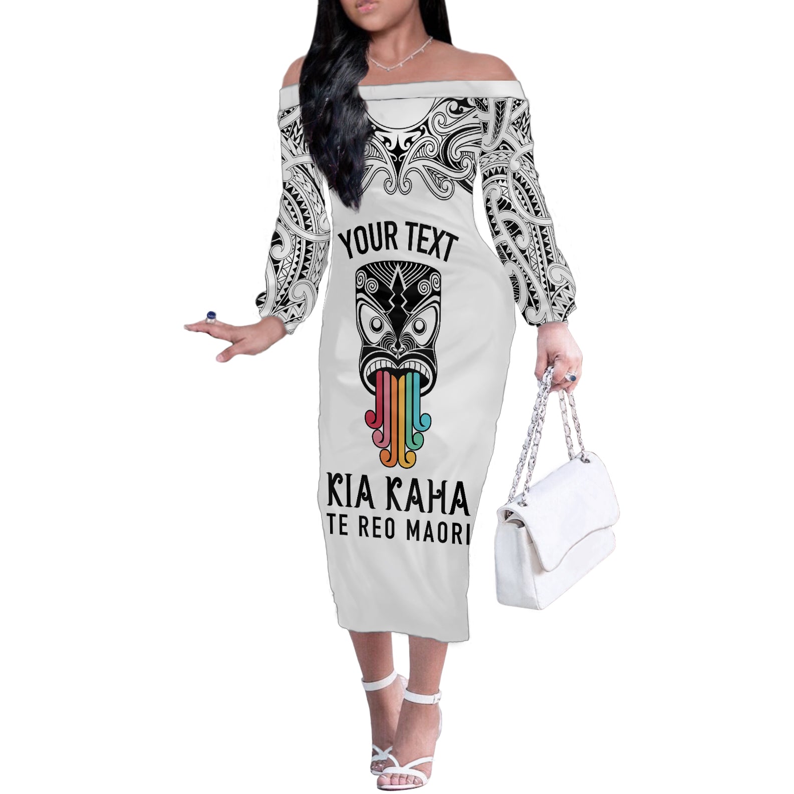 personalised-kia-kaha-te-reo-maori-off-the-shoulder-long-sleeve-dress-hei-tiki-mix-koru-white