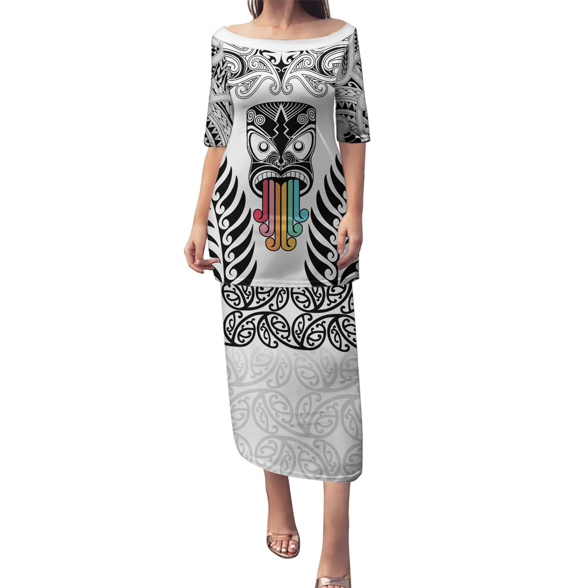 Personalised Kia Kaha Te Reo Maori Puletasi Hei Tiki Mix Koru - White LT7 Long Dress White - Polynesian Pride