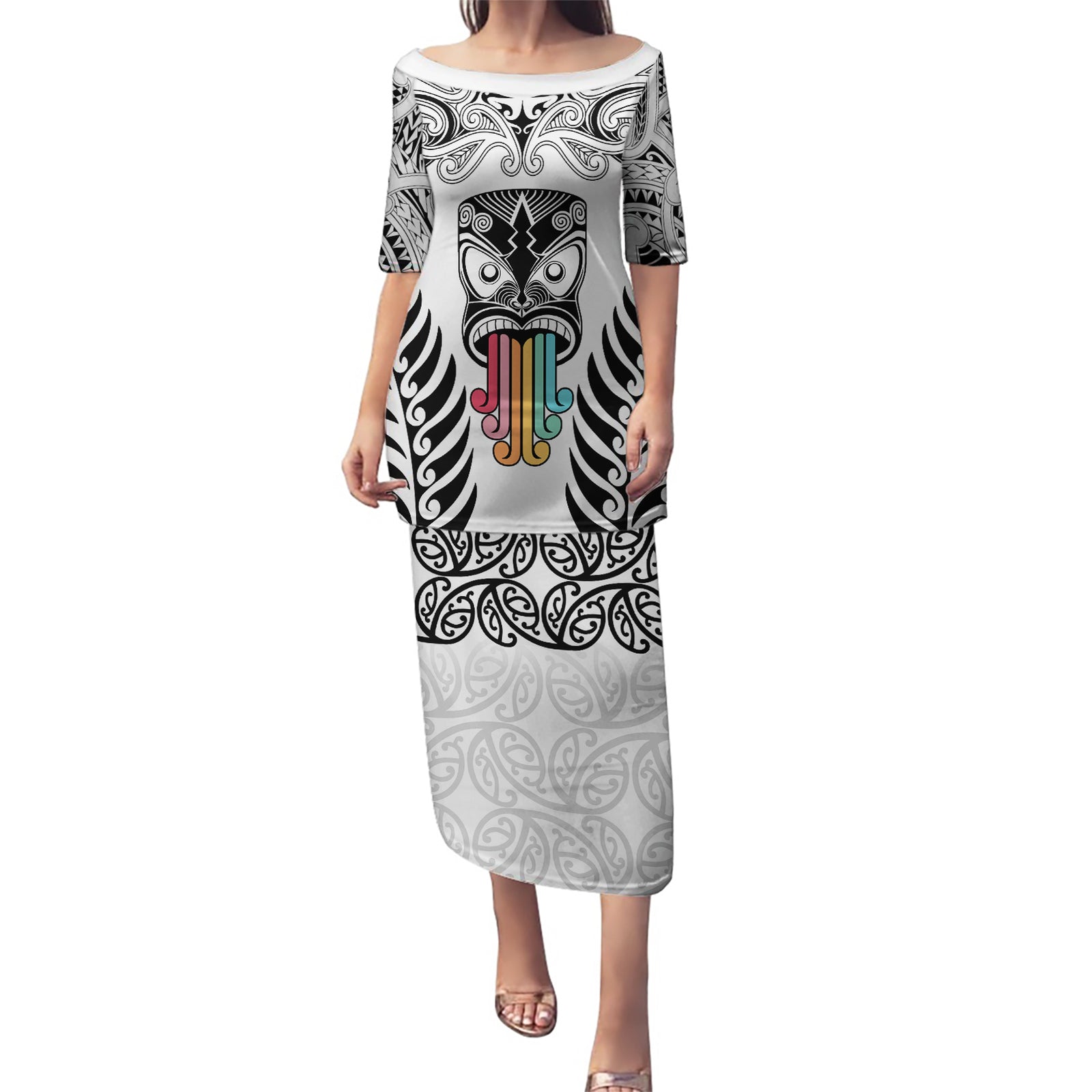 Personalised Kia Kaha Te Reo Maori Puletasi Hei Tiki Mix Koru - White LT7 Long Dress White - Polynesian Pride