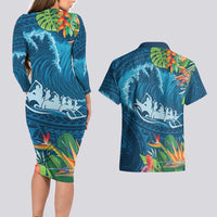 Outrigger Canoe Blue Couples Matching Long Sleeve Bodycon Dress and Hawaiian Shirt On The Waves LT7 - Polynesian Pride
