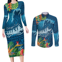 Outrigger Canoe Blue Couples Matching Long Sleeve Bodycon Dress and Long Sleeve Button Shirt On The Waves LT7 Blue - Polynesian Pride