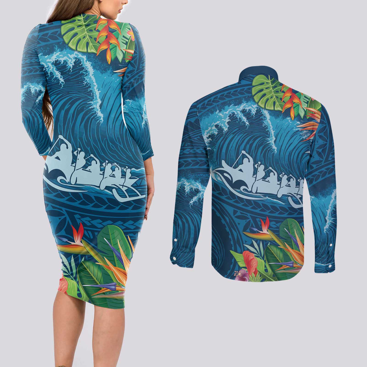 Outrigger Canoe Blue Couples Matching Long Sleeve Bodycon Dress and Long Sleeve Button Shirt On The Waves LT7 - Polynesian Pride
