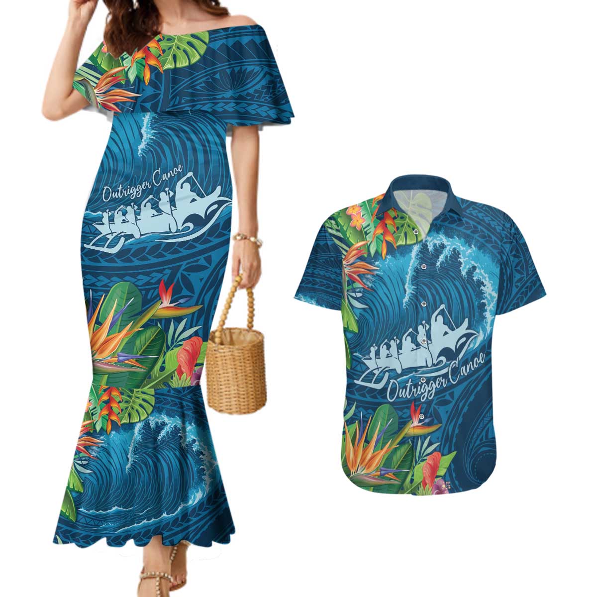 Outrigger Canoe Blue Couples Matching Mermaid Dress and Hawaiian Shirt On The Waves