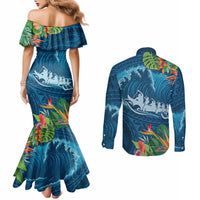 Outrigger Canoe Blue Couples Matching Mermaid Dress and Long Sleeve Button Shirt On The Waves LT7 - Polynesian Pride
