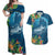 Outrigger Canoe Blue Couples Matching Off Shoulder Maxi Dress and Hawaiian Shirt On The Waves