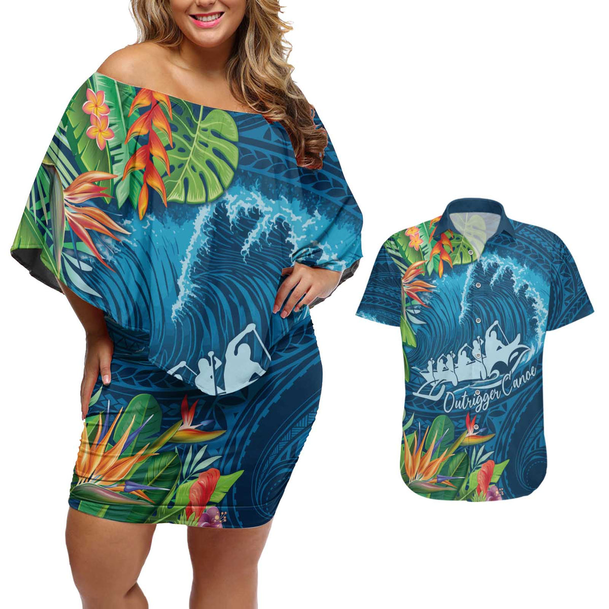 Outrigger Canoe Blue Couples Matching Off Shoulder Short Dress and Hawaiian Shirt On The Waves LT7 Blue - Polynesian Pride