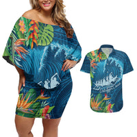 Outrigger Canoe Blue Couples Matching Off Shoulder Short Dress and Hawaiian Shirt On The Waves LT7 Blue - Polynesian Pride
