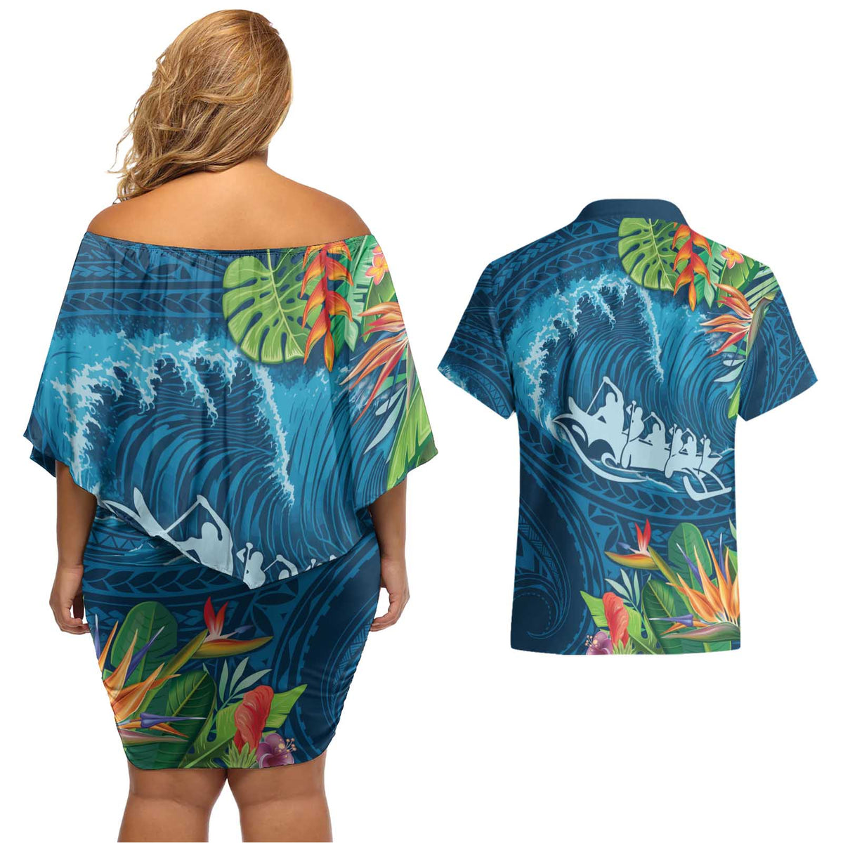 Outrigger Canoe Blue Couples Matching Off Shoulder Short Dress and Hawaiian Shirt On The Waves LT7 - Polynesian Pride