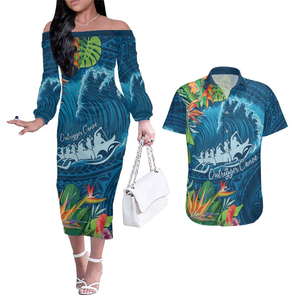 Outrigger Canoe Blue Couples Matching Off The Shoulder Long Sleeve Dress and Hawaiian Shirt On The Waves LT7 Blue - Polynesian Pride