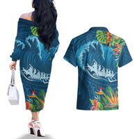 Outrigger Canoe Blue Couples Matching Off The Shoulder Long Sleeve Dress and Hawaiian Shirt On The Waves LT7 - Polynesian Pride