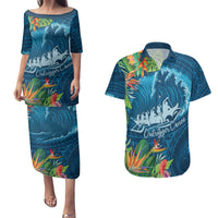 Outrigger Canoe Blue Couples Matching Puletasi and Hawaiian Shirt On The Waves LT7 Blue - Polynesian Pride