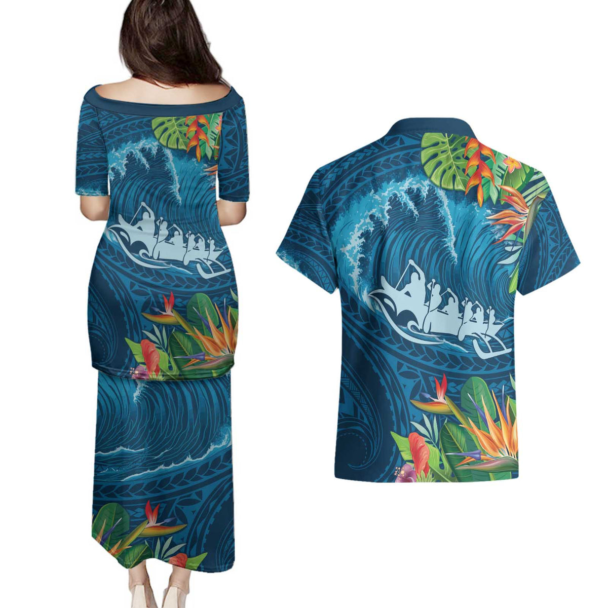 Outrigger Canoe Blue Couples Matching Puletasi and Hawaiian Shirt On The Waves LT7 - Polynesian Pride