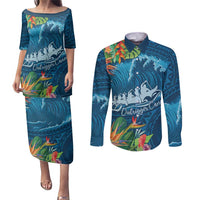 Outrigger Canoe Blue Couples Matching Puletasi and Long Sleeve Button Shirt On The Waves LT7 Blue - Polynesian Pride