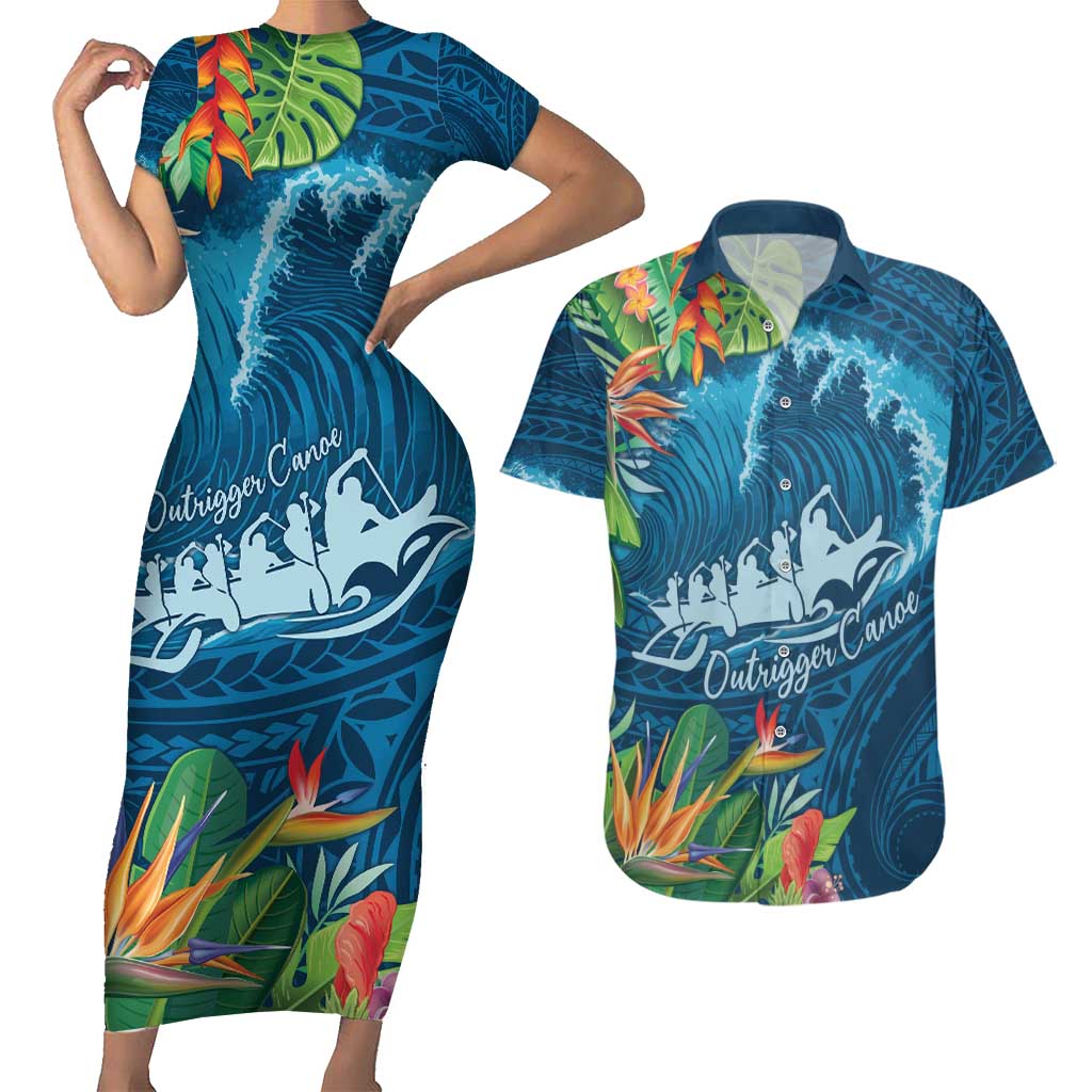 Outrigger Canoe Blue Couples Matching Short Sleeve Bodycon Dress and Hawaiian Shirt On The Waves LT7 Blue - Polynesian Pride