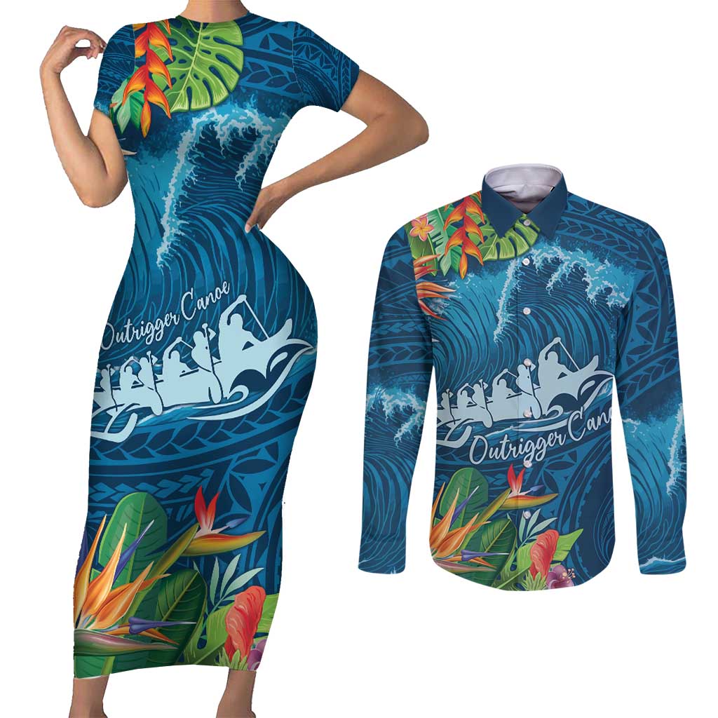 Outrigger Canoe Blue Couples Matching Short Sleeve Bodycon Dress and Long Sleeve Button Shirt On The Waves LT7 Blue - Polynesian Pride