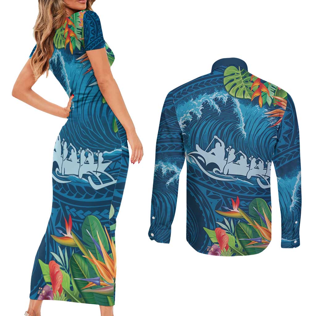 Outrigger Canoe Blue Couples Matching Short Sleeve Bodycon Dress and Long Sleeve Button Shirt On The Waves LT7 - Polynesian Pride