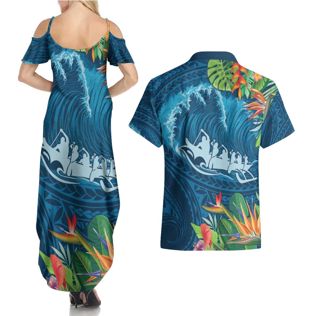 Outrigger Canoe Blue Couples Matching Summer Maxi Dress and Hawaiian Shirt On The Waves LT7 - Polynesian Pride