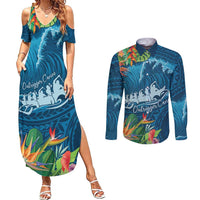 Outrigger Canoe Blue Couples Matching Summer Maxi Dress and Long Sleeve Button Shirt On The Waves LT7 Blue - Polynesian Pride