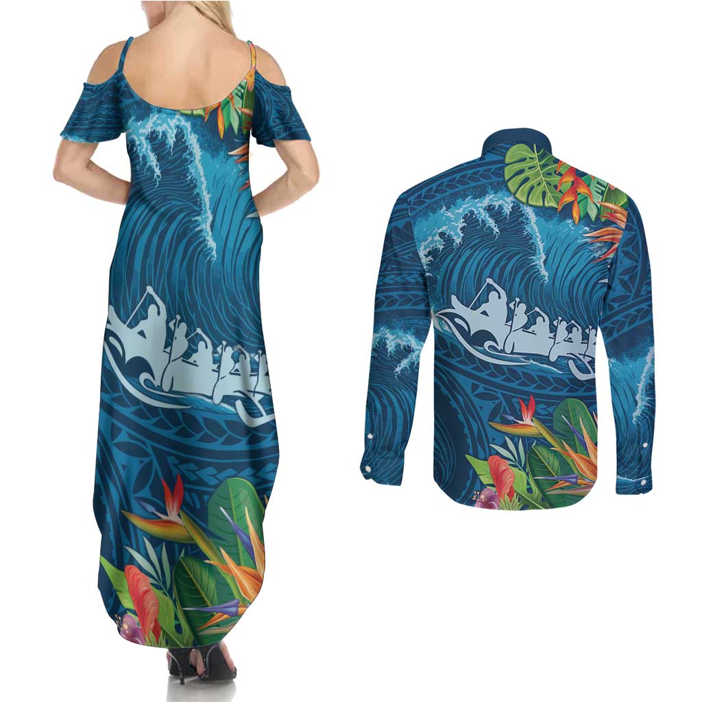 Outrigger Canoe Blue Couples Matching Summer Maxi Dress and Long Sleeve Button Shirt On The Waves LT7 - Polynesian Pride