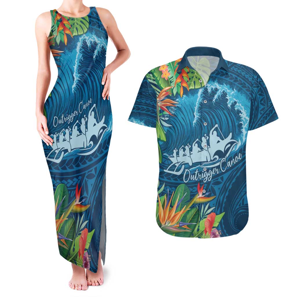 Outrigger Canoe Blue Couples Matching Tank Maxi Dress and Hawaiian Shirt On The Waves LT7 Blue - Polynesian Pride