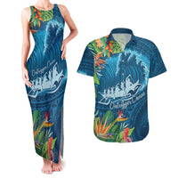 Outrigger Canoe Blue Couples Matching Tank Maxi Dress and Hawaiian Shirt On The Waves LT7 Blue - Polynesian Pride