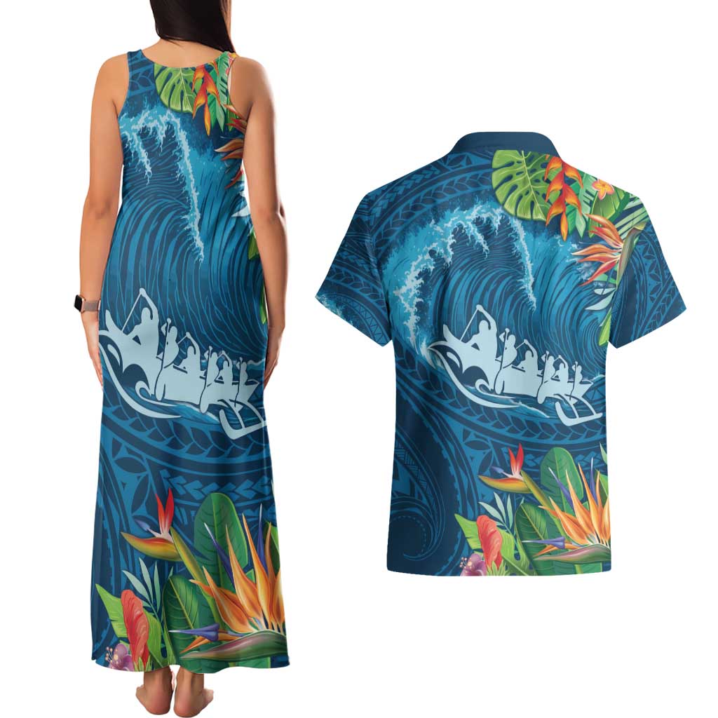 Outrigger Canoe Blue Couples Matching Tank Maxi Dress and Hawaiian Shirt On The Waves LT7 - Polynesian Pride