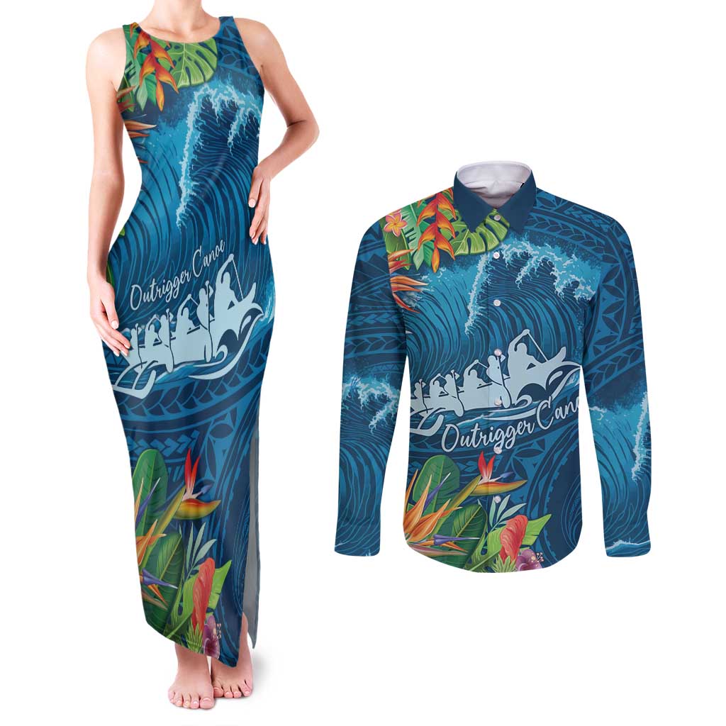 Outrigger Canoe Blue Couples Matching Tank Maxi Dress and Long Sleeve Button Shirt On The Waves LT7 Blue - Polynesian Pride