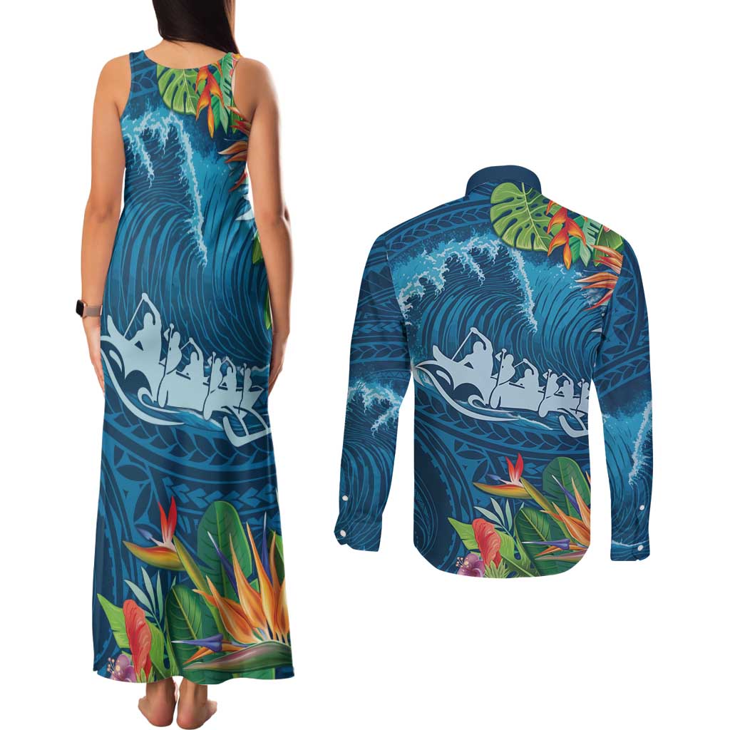 Outrigger Canoe Blue Couples Matching Tank Maxi Dress and Long Sleeve Button Shirt On The Waves LT7 - Polynesian Pride