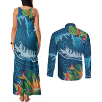 Outrigger Canoe Blue Couples Matching Tank Maxi Dress and Long Sleeve Button Shirt On The Waves LT7 - Polynesian Pride