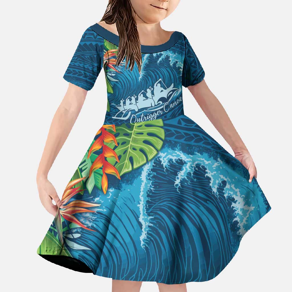Outrigger Canoe Blue Family Matching Long Sleeve Bodycon Dress and Hawaiian Shirt On The Waves LT7 Daughter's Dress Blue - Polynesian Pride