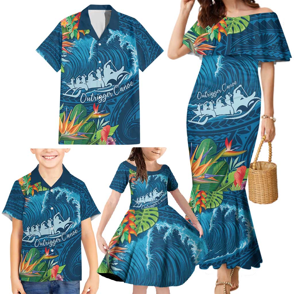 Outrigger Canoe Blue Family Matching Mermaid Dress and Hawaiian Shirt On The Waves