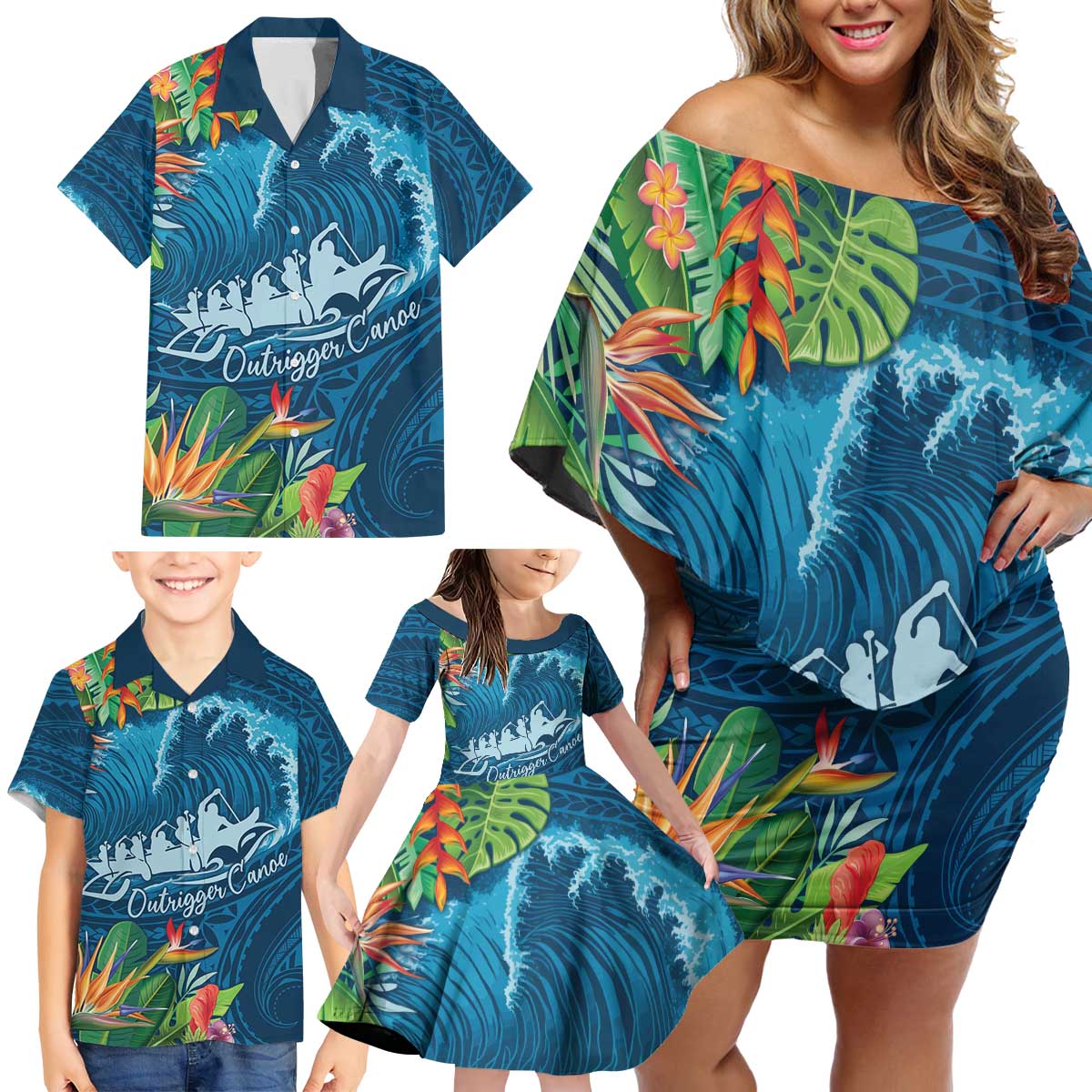 Outrigger Canoe Blue Family Matching Off Shoulder Short Dress and Hawaiian Shirt On The Waves