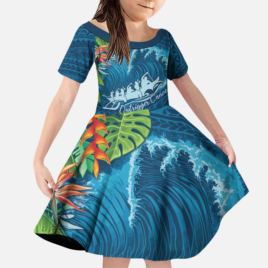 Outrigger Canoe Blue Family Matching Puletasi and Hawaiian Shirt On The Waves LT7 Daughter's Dress Blue - Polynesian Pride