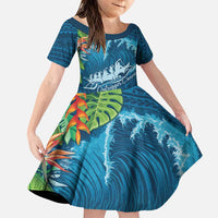Outrigger Canoe Blue Family Matching Puletasi and Hawaiian Shirt On The Waves LT7 Daughter's Dress Blue - Polynesian Pride
