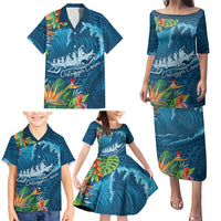 Outrigger Canoe Blue Family Matching Puletasi and Hawaiian Shirt On The Waves LT7 - Polynesian Pride