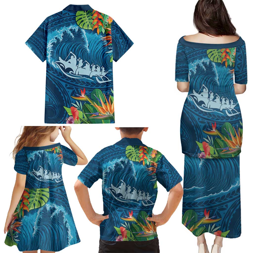 Outrigger Canoe Blue Family Matching Puletasi and Hawaiian Shirt On The Waves LT7 - Polynesian Pride