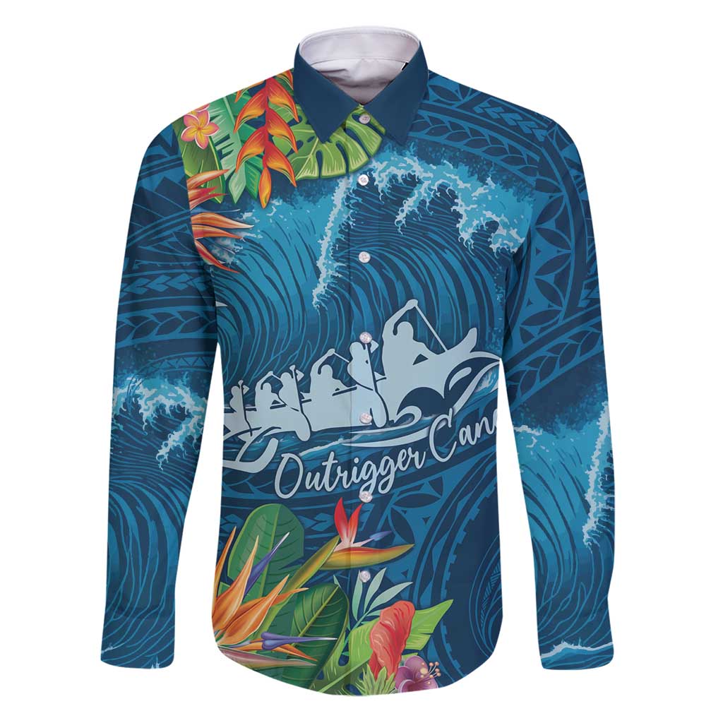 Outrigger Canoe Blue Family Matching Puletasi and Hawaiian Shirt On The Waves LT7 Dad's Shirt - Long Sleeve Blue - Polynesian Pride