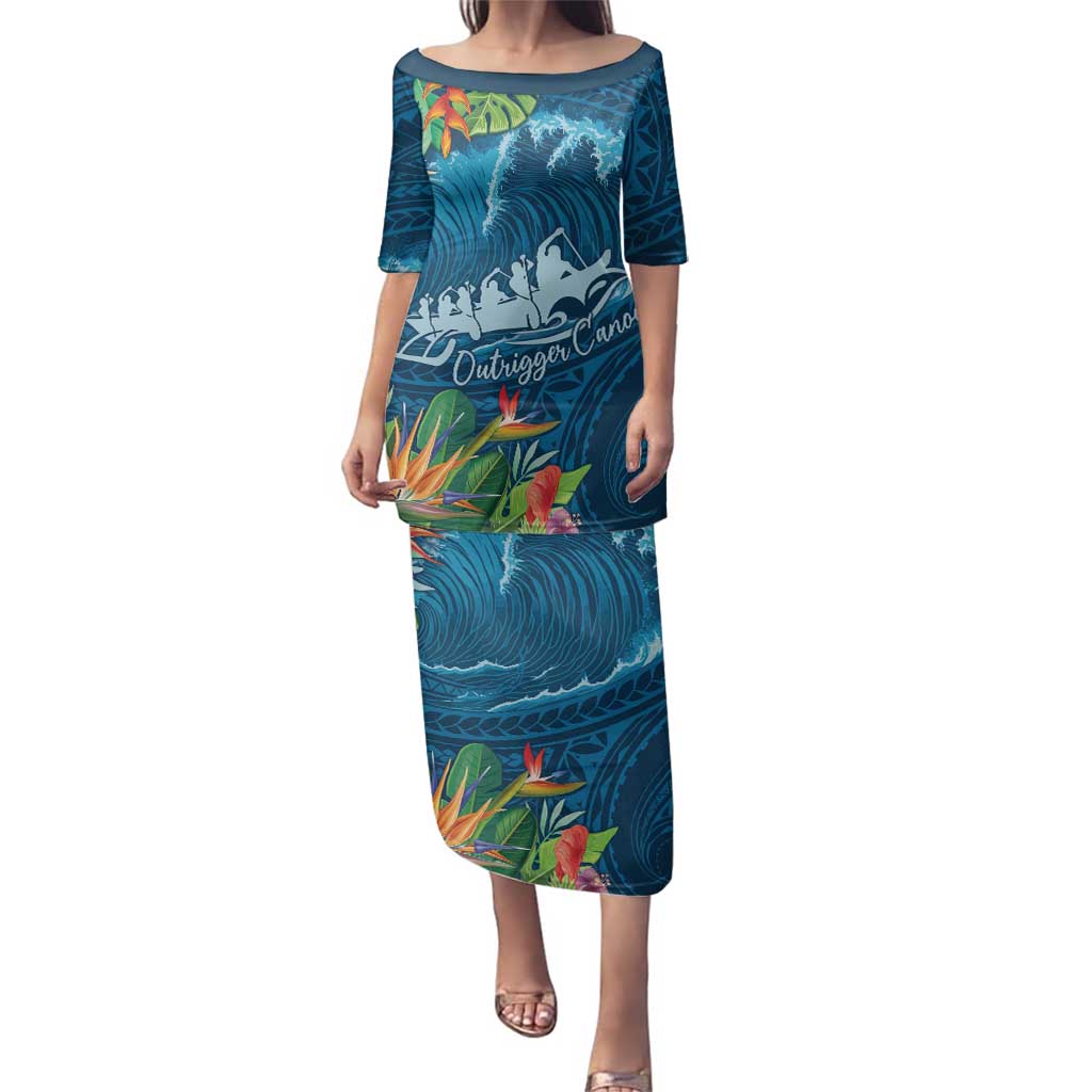 Outrigger Canoe Blue Family Matching Puletasi and Hawaiian Shirt On The Waves LT7 Mom's Dress Blue - Polynesian Pride