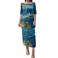 Outrigger Canoe Blue Family Matching Puletasi and Hawaiian Shirt On The Waves LT7 Mom's Dress Blue - Polynesian Pride