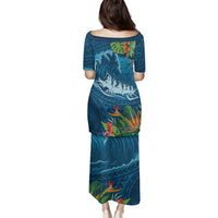 Outrigger Canoe Blue Family Matching Puletasi and Hawaiian Shirt On The Waves LT7 - Polynesian Pride