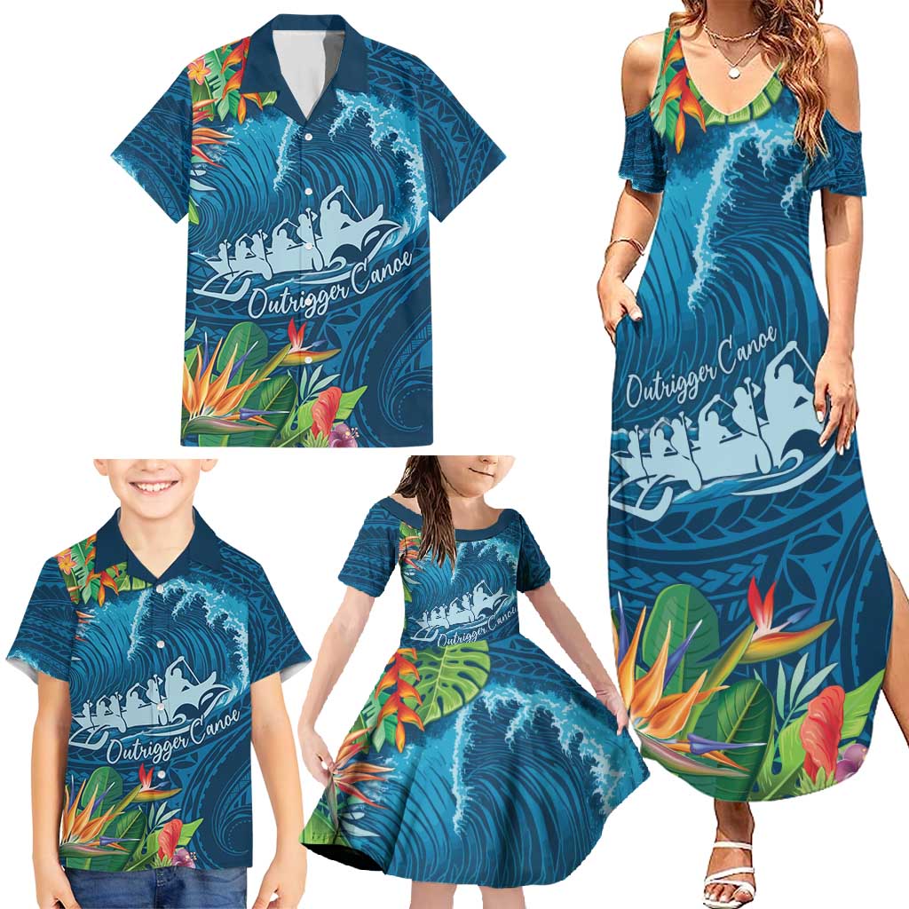 Outrigger Canoe Blue Family Matching Summer Maxi Dress and Hawaiian Shirt On The Waves