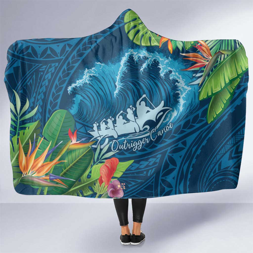 Outrigger Canoe Blue Hooded Blanket On The Waves LT7 One Size Blue - Polynesian Pride