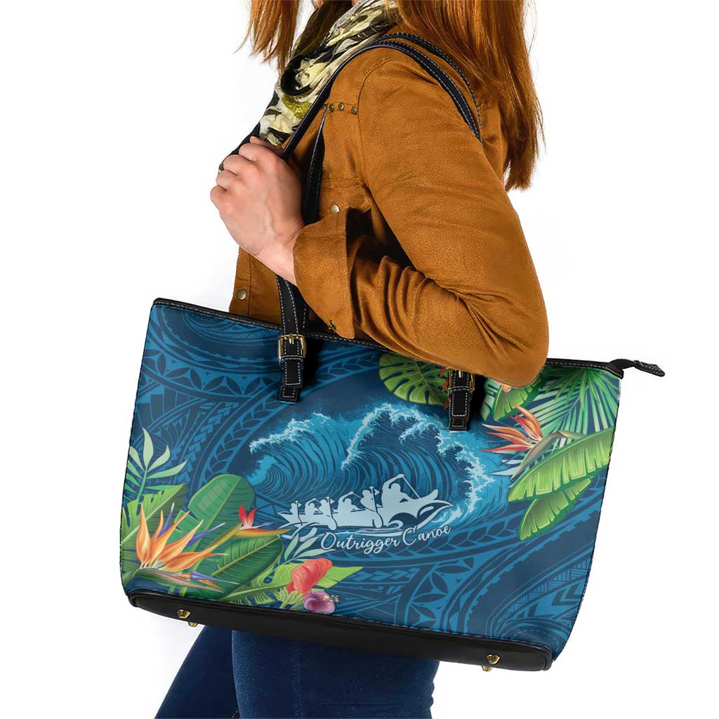 Outrigger Canoe Blue Leather Tote Bag On The Waves