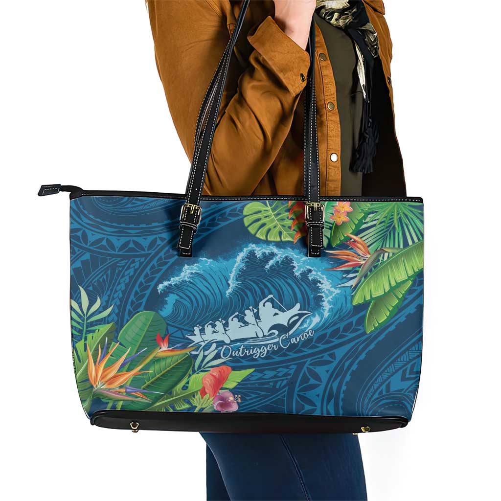 Outrigger Canoe Blue Leather Tote Bag On The Waves LT7 - Polynesian Pride