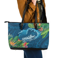 Outrigger Canoe Blue Leather Tote Bag On The Waves LT7 - Polynesian Pride