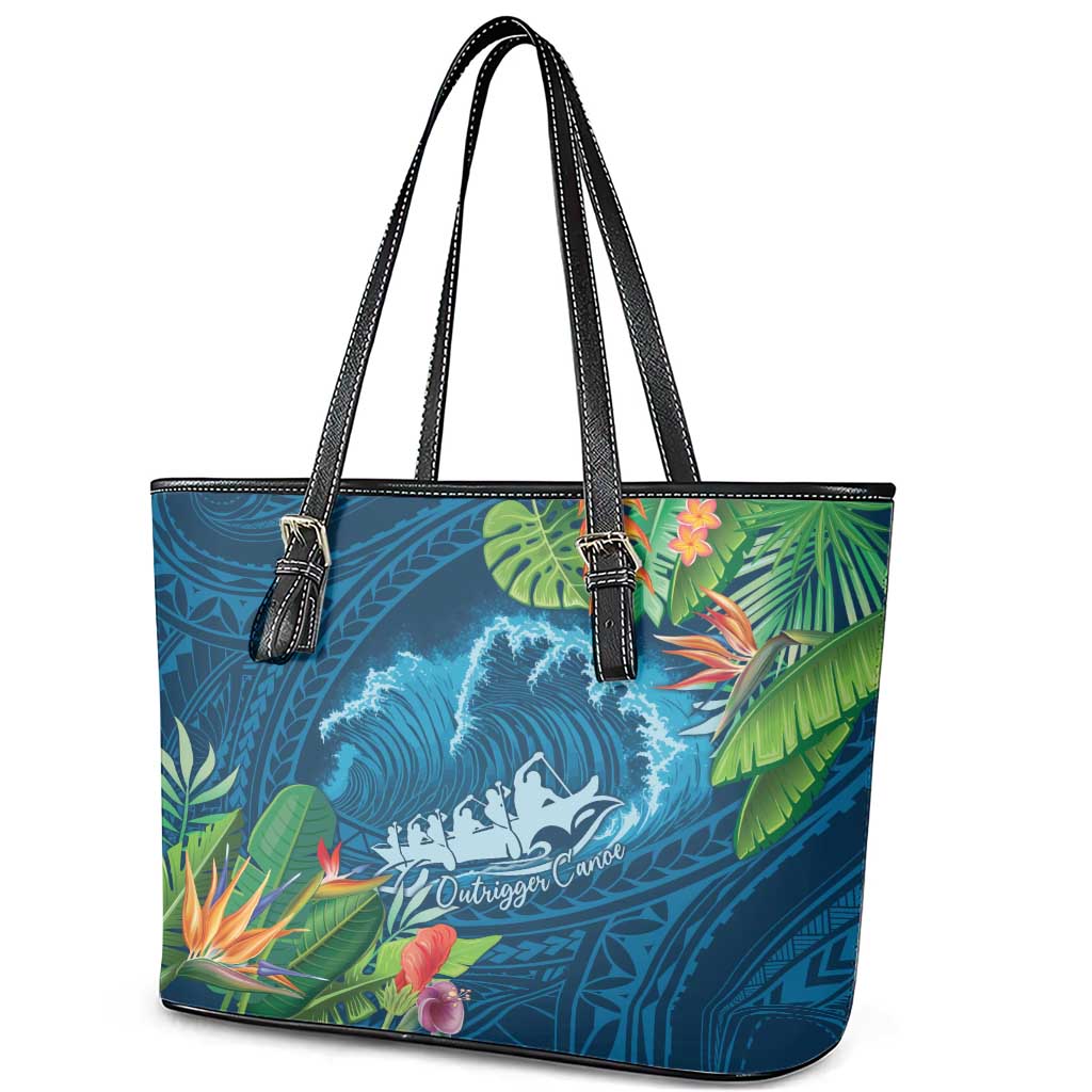 Outrigger Canoe Blue Leather Tote Bag On The Waves LT7 - Polynesian Pride