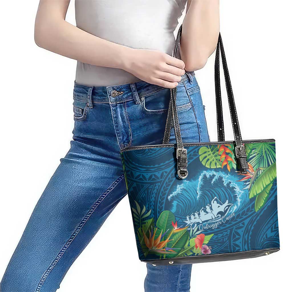 Outrigger Canoe Blue Leather Tote Bag On The Waves LT7 - Polynesian Pride