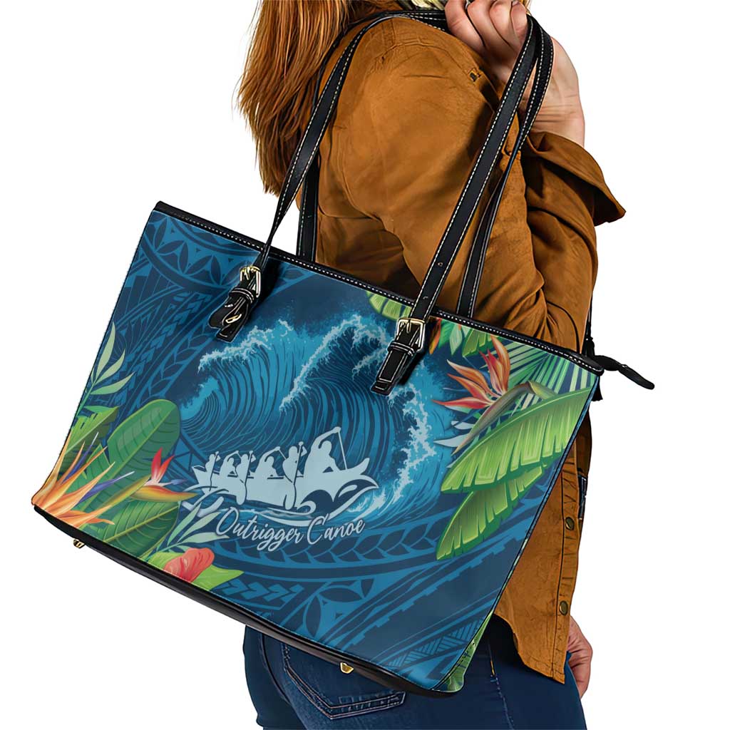 Outrigger Canoe Blue Leather Tote Bag On The Waves LT7 - Polynesian Pride
