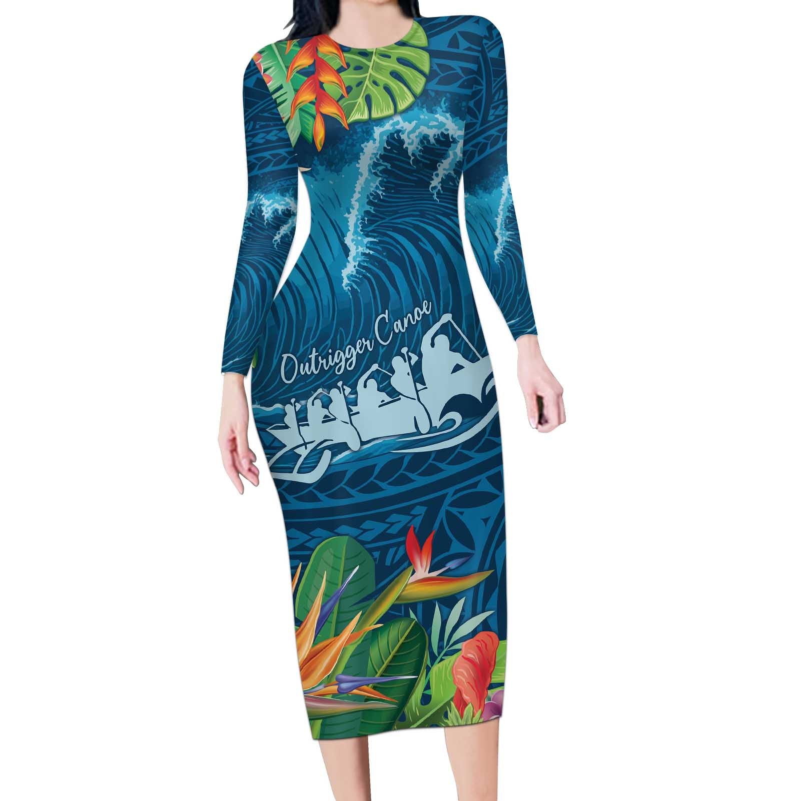 Outrigger Canoe Blue Long Sleeve Bodycon Dress On The Waves